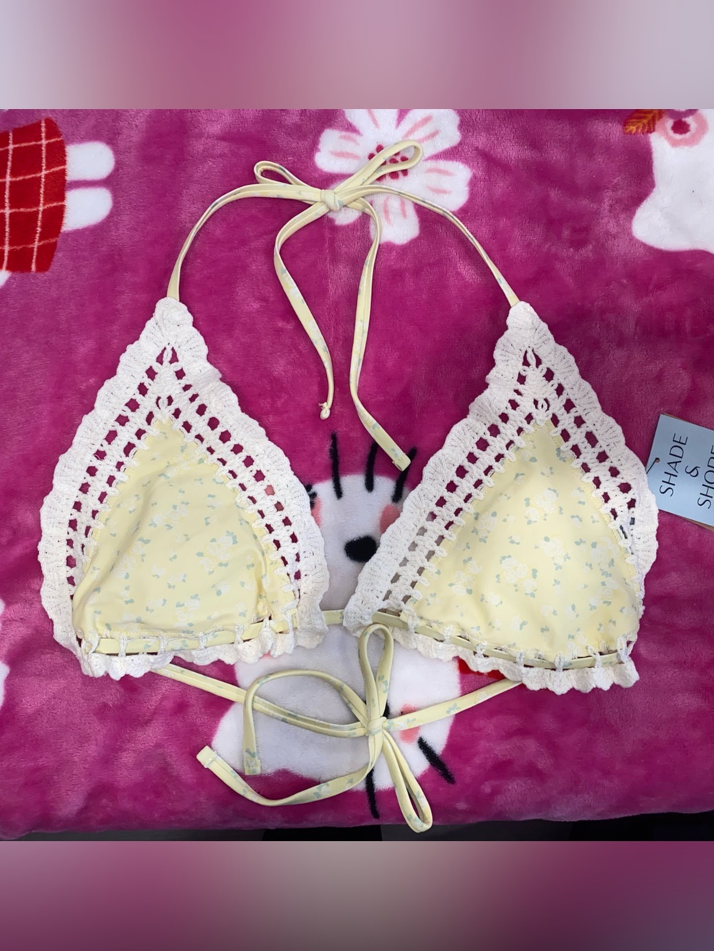 Target Yellow Floral Crochet Triangle Bikini Top with White Trim